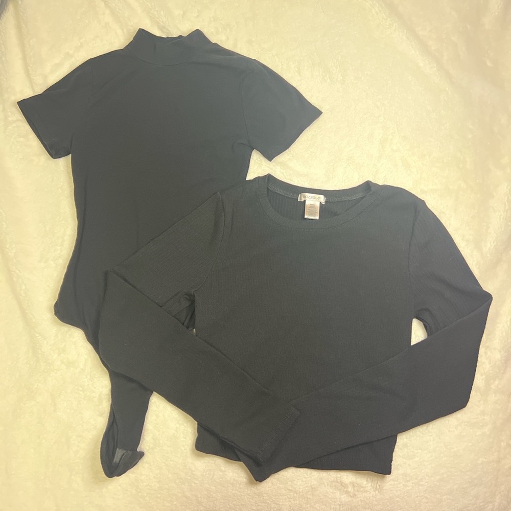 Black Basic Cropped Long Sleeve Top and Short Sleeve Mock Neck Bodysuit Set